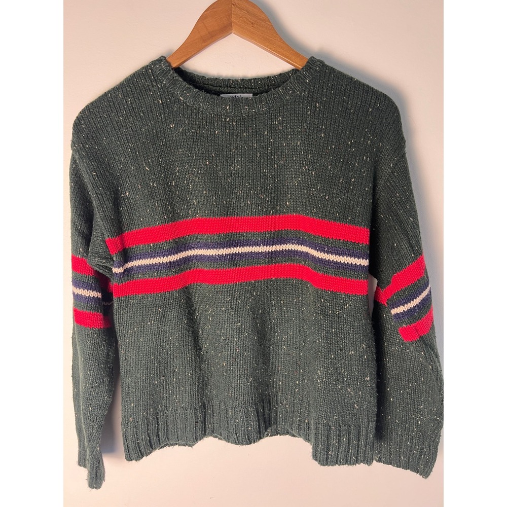 Kitestrings Knit Sweater Kid 12/14 Green Red Striped Ramie Wool Blend Preppy 90s